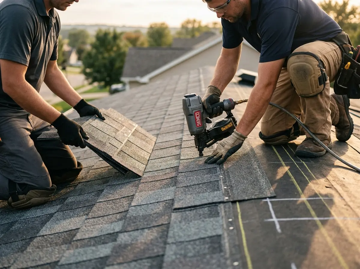 Professional roofer working on a residential roof in Ashburnham